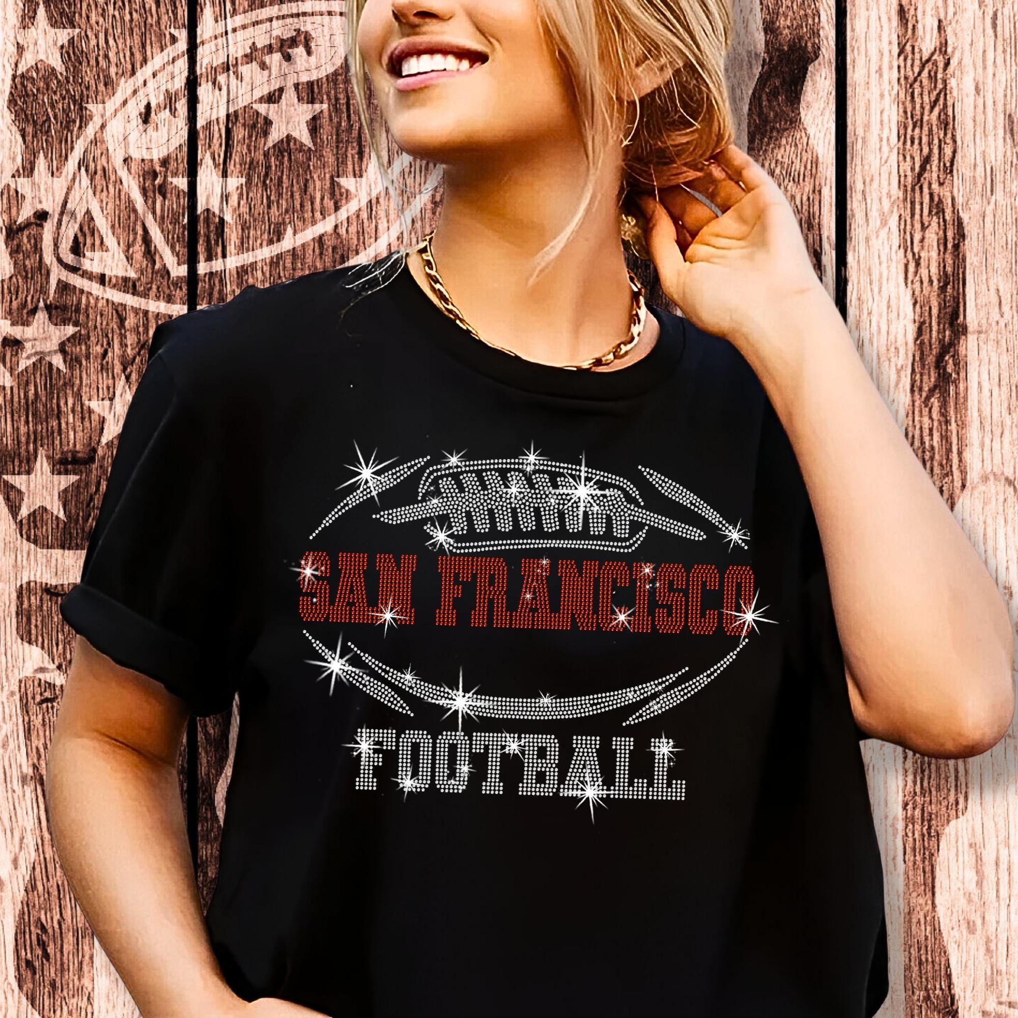 San Francisco Rhinestone T-shirt, Bright Game Day Football Shirt, Glitter Fashion Tee, Sunday Trendy Sparkling Shirt, Bling Style Fan Tee