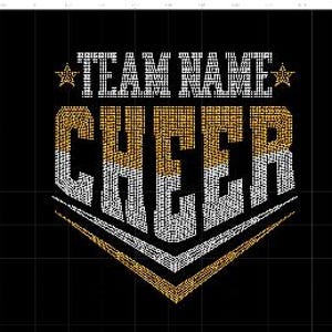 May include: Black graphic design with the words "TEAM NAME" above and "CHEER" in large, bold letters. The word "CHEER" is in gold and white, set within a shield shape with gold and white accents. A star is on each side of the words "TEAM NAME".