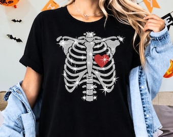 Skeleton Heart Rhinestone Shirt: Rib Cage Heart Tee & Sweatshirt