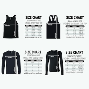 May Include: Our size chart features four Bella + Canvas styles: the 3480 Unisex Jersey Tank Top, 6008 Women’s Racerback Tank Top, 3508 Unisex Long Sleeve T-Shirt, and 6500 Women’s Long Sleeve T-Shirt. Visual guides display precise instructions for measuring width and length. Standard dimensions in inches are provided for a wide size range, from XS to 3XL, enabling you to select the ideal fit for both loose unisex and fitted women's garments.