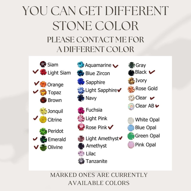 Puede incluir: Un gr&aacute;fico que muestra diferentes colores de piedras disponibles para joyer&iacute;a. El gr&aacute;fico enumera 24 colores diferentes, con marcas de verificaci&oacute;n junto a los colores actualmente disponibles. El texto dice "Puedes obtener diferentes colores de piedras. Ponte en contacto conmigo para un color diferente. Los marcados est&aacute;n actualmente disponibles."