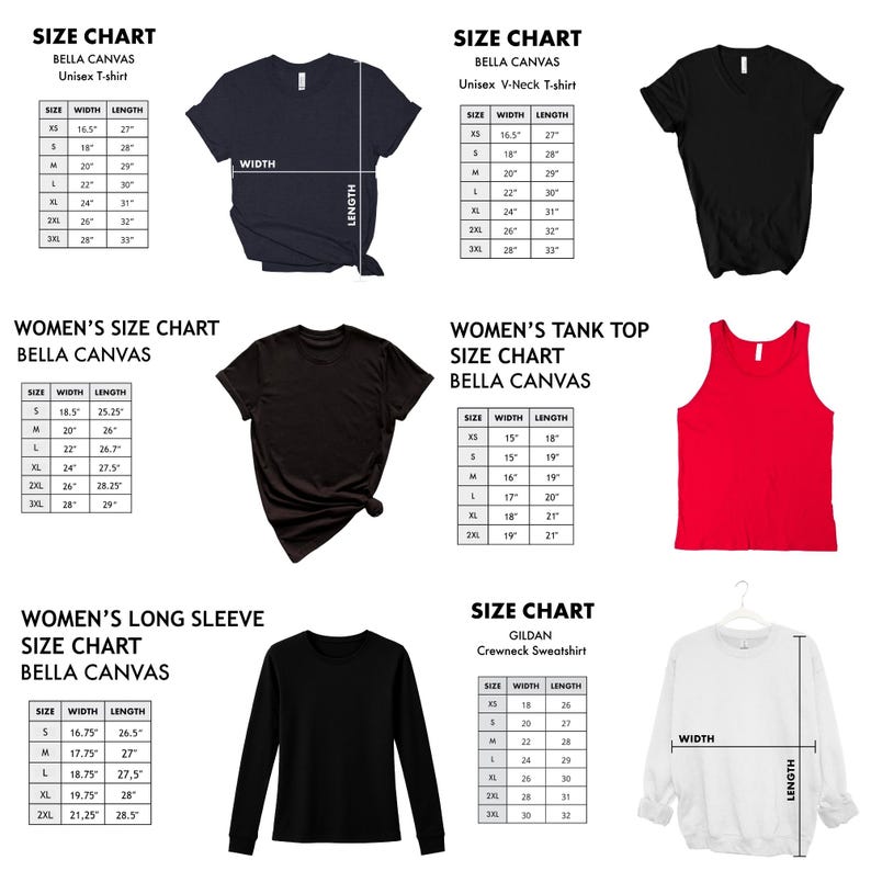May include: A color and size chart for adult unisex t-shirts. The chart shows 24 different colors of t-shirts, including heather maroon, heather mauve, heather military green, heather storm, heather deep teal, athletic heather, kelly, true royal, heather peach, team purple, yellow, maroon, black, natural, navy, orange, ocean blue, red, soft pink, white, heather raspberry, heather navy, dark grey heather. The chart also shows the length and width of each size, from small to 4XL.