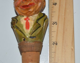 Vintage Hand Carved Wood Man bottle stopper cork Made in Italy