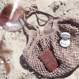 "Beutel ""Weightless"" Öko Tasche Beutel gehäkelte Strandtasche Tasche beige Geschenk für ein Mädchen Tasche braune Netztasche."