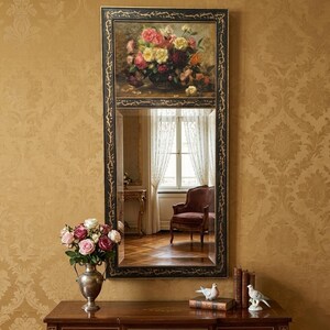 Espejo Trumeau Vintage con Óleo de Bodegón, Marco Negro y Dorado Estilo Francés, Decoración de Pared Clásica Europea