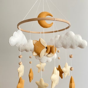 Baby Mobiles Sleeping Fox with moon, stars and clouds for, handmade, felt, baby shower, gift, baby Crib hanger,Fox Mobile