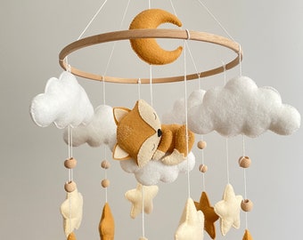 Sleeping Fox Baby Mobile: Handmade Felt Moon, Stars & Clouds