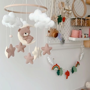 Baby Mobile with sleeping bear, moon, stars, clouds, handmade, felt, beige, gift, baby shower.