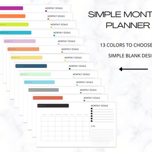 Simple blank monthly planner, 13 colors, 11 x 8.5 inches, PDF printable, Instant download