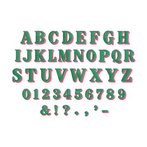 May include: A complete set of embroidered alphabet letters from A to Z, numbers 0 through 9, and punctuation marks including an ampersand, exclamation point, question mark, period, comma, apostrophe, and hyphen in green with pink shadows.