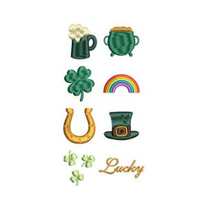 May include: Embroidered St. Patrick's Day themed designs on a white background. Includes a green beer mug, a pot of gold, a four-leaf clover, a rainbow, a gold horseshoe, a green top hat, three shamrocks, and the word "Lucky".