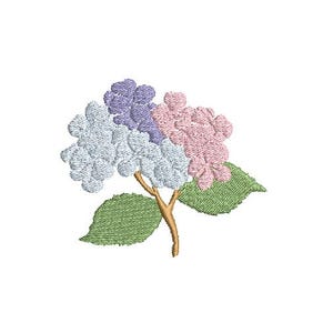 May include: A delicate embroidery design featuring a cluster of light blue, purple, and pink hydrangea flowers with green leaves.
