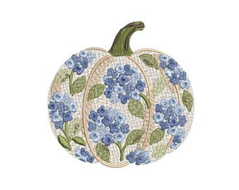 Stickmuster „Hortensien-Kürbis“ | Grandmillennial Herbstkürbis | Maschinenstickdatei für den Herbst | Sofortiger digitaler Download