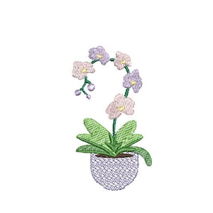 May include: An embroidered design of an orchid plant in a pot. The orchid features light purple and pink flowers, green leaves, and a light purple pot. The design is on a white background.