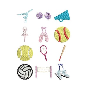 May include: Embroidered patches featuring sports and activities. Includes a gymnast, pom-poms, a megaphone, a ballerina, ballet slippers, a baseball, a tennis ball, a tennis racket, a baseball bat, a volleyball, a net, and sneakers.