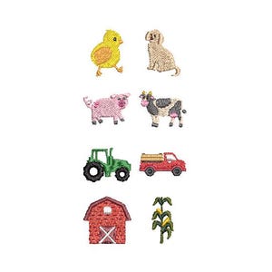 May include: Embroidered farm-themed patches featuring a yellow chick, a tan dog, a pink pig, a black and white cow, a green tractor, a red truck, a red barn, and a stalk of corn. These patches are ideal for crafting and adding a touch of rural charm.