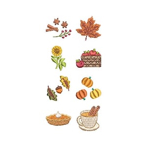 Puede incluir: Colección de diseños bordados con temática otoñal. Incluye una hoja de arce, calabazas, un girasol, una porción de tarta, una taza de té con palitos de canela y otros elementos otoñales en tonos naranja, amarillo y marrón.