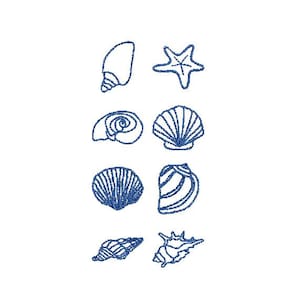 May include: A collection of eight blue embroidered seashell designs, including a starfish, conch shells, and scallop shells, against a white background. The designs vary in shape and size, with detailed stitching.