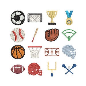 May include: Embroidered sports-themed patches featuring a soccer ball, baseball, basketball, football, and other sports equipment. Includes a trophy, medal, and a helmet. The patches are in various colors, including black, white, brown, and red.