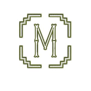 May include: An olive green machine embroidery design featuring a central capital letter M styled with bamboo-like segments, enclosed within a square frame composed of four separate corner sections with a stepped, geometric, and striped pattern.