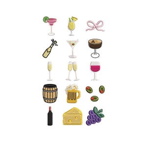 Set of 15 Cocktail Drinks Mini Embroidery Designs, Drink Cocktails Machine Embroidery Files, Instant Digital Download, 15 Mini 1-3 inch