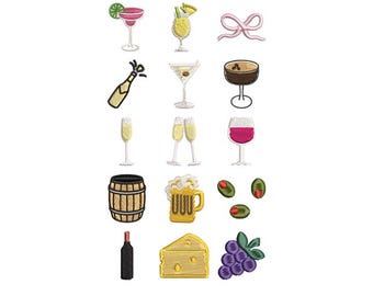 Set of 15 Cocktail Drinks Mini Embroidery Designs, Drink Cocktails Machine Embroidery Files, Instant Digital Download, 15 Mini 1-3 inch