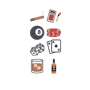 Bar and Lounge Mini Embroidery Design Set of 8 – Whiskey Glass, Cigar, 8 Ball, Matches, Dice, Playing Cards, Poker Chips, Bottle Files