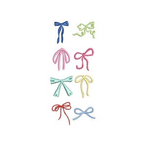 May include: A collection of eight embroidered bows in various colors, including blue, green, pink, red, and yellow. The bows are arranged on a white background. The bows are in different styles.