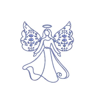 May include: A blue embroidered angel design with detailed wings and a halo. The angel's wings feature floral patterns, and the design is set against a white background. This image is suitable for embroidery projects, crafts, or spiritual themes.