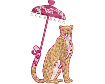 Chic Cheetah Leopard with Chinoiserie Umbrella, Preppy Leopard Machine Embroidery Files, Instant Digital Download, 4x4, 5x7, 6x10