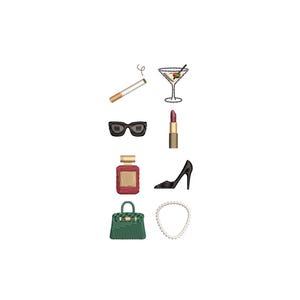 May include: An embroidered design featuring a cigarette, martini, sunglasses, lipstick, perfume bottle, high heel, handbag, and a pearl necklace. The items are in a variety of colours, including black, red, green, and gold.