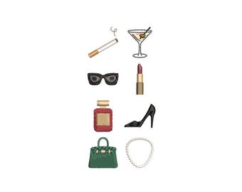 May include: An embroidered design featuring a cigarette, martini, sunglasses, lipstick, perfume bottle, high heel, handbag, and a pearl necklace. The items are in a variety of colors, including black, red, green, and gold.
