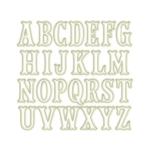 May include: A complete set of twenty-six uppercase English alphabet letters from A to Z. Each letter is rendered in a light cream color with a distinct, thin, dark outline, featuring a decorative serif style with curved edges and uniform thickness.