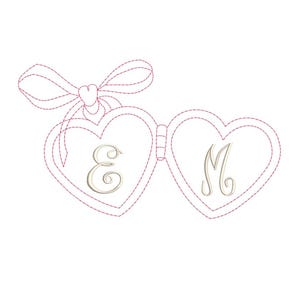 May include: Embroidered heart-shaped sunglasses featuring the letters "E" and "M" in a cursive style. The sunglasses are linked by a bridge and have a bow at the top. The design is stitched in pink thread on a white backdrop.