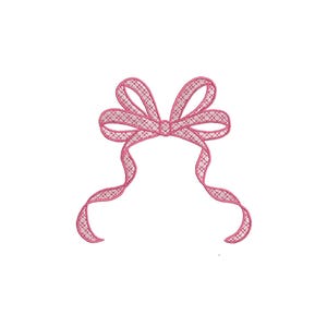 May include: A pink bow with a lacy design. The bow is tied in a knot and the ends of the ribbon are curled.