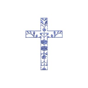 May include: A blue cross with a floral design. The cross is made of a delicate, intricate pattern of leaves and flowers.