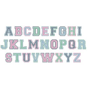 May include: A complete set of twenty-six English alphabet letters from A to Z, presented in a block varsity font. Each letter features a dotted texture pattern and is outlined in a contrasting color, alternating between shades of blue, pink, and green.