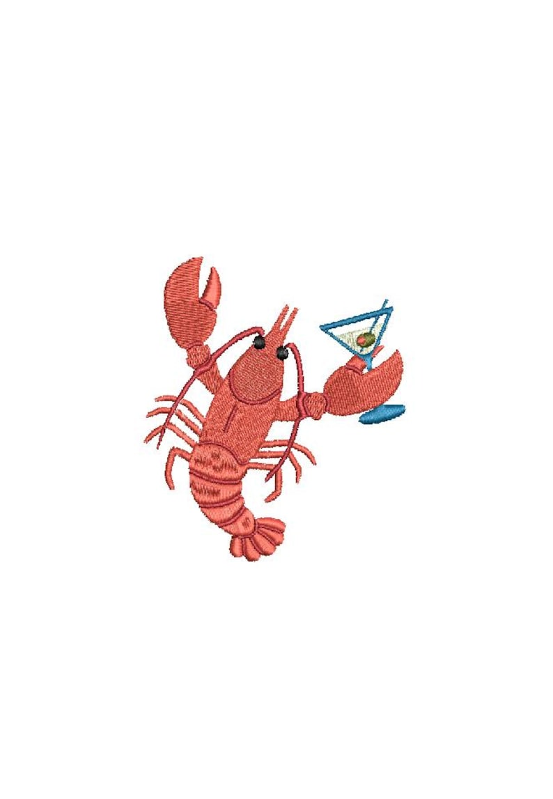 May include: Embroidered design of a red lobster holding a blue martini glass with an olive. The lobster has black eyes and is detailed with various shades of red. The martini glass has a blue rim and stem.
