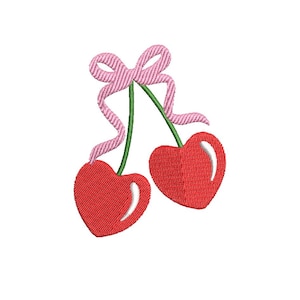 May include: Two red heart-shaped cherries with green stems and a pink bow.