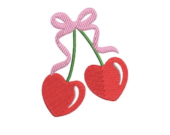 Heart Cherries with Bow Embroidery Design, Coquette Machine Embroidery Designs, Instant Digital Download, Mini, 4x4, 5x7, 6x10