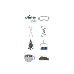 Puede incluir: Diseño bordado con elementos temáticos de esquí. Incluye el texto "Après Ski", gafas de esquí, esquís cruzados, bastones de esquí, un pino, un telesilla, una taza de chocolate caliente con malvaviscos y montañas.