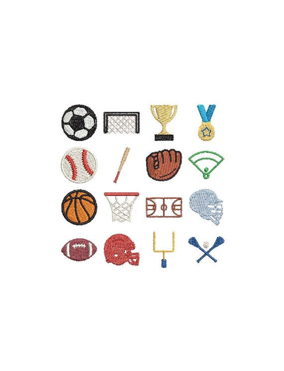 Set of 16 Sports Mini Embroidery Designs, Football, Basketball, Baseball, Soccer, Lacrosse Sports Balls Machine Embroidery Files, 1-3 inch
