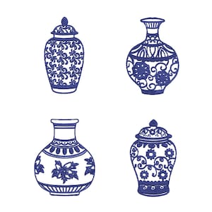 Chinoiserie Ginger Jar Set Embroidery Design, Blue Ginger Jar Machine Embroidery Files, Instant Digital Download, 3 inch, 4x4, 5x7