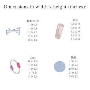 May include: Image showing dimensions of fitness equipment, including a reformer, mat, ring, and ball. The reformer sizes range from 1.0x0.5 inches to 3.0x1.6 inches. The mat sizes range from 0.6x1.0 inches to 1.8x3.0 inches.