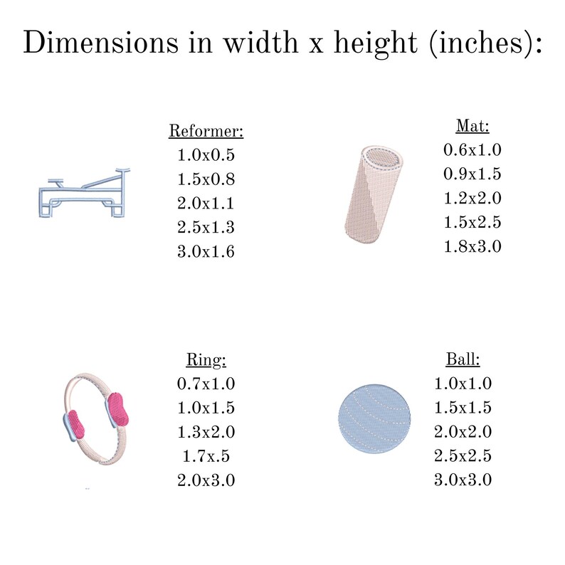 May include: Image showing dimensions of fitness equipment, including a reformer, mat, ring, and ball. The reformer sizes range from 1.0x0.5 inches to 3.0x1.6 inches. The mat sizes range from 0.6x1.0 inches to 1.8x3.0 inches.
