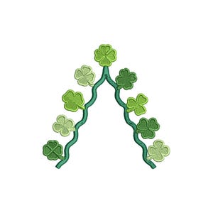 May include: An embroidered design featuring a green vine with shamrock leaves in varying shades of green. The shamrocks are arranged along the vine, creating a decorative, symmetrical pattern. The design is set against a white background.