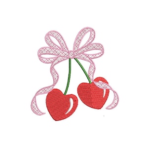 May include: Two red cherries with heart-shaped stems tied together with a pink ribbon bow.