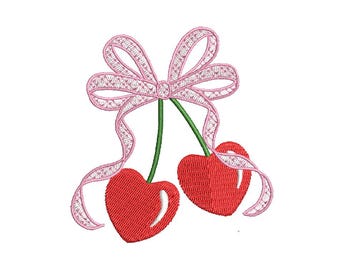 Heart Cherries with Bow Embroidery Design, Coquette Valentine Machine Embroidery Designs, Instant Digital Download, Mini, 3&quot;, 4x4, 5x7, 6x10
