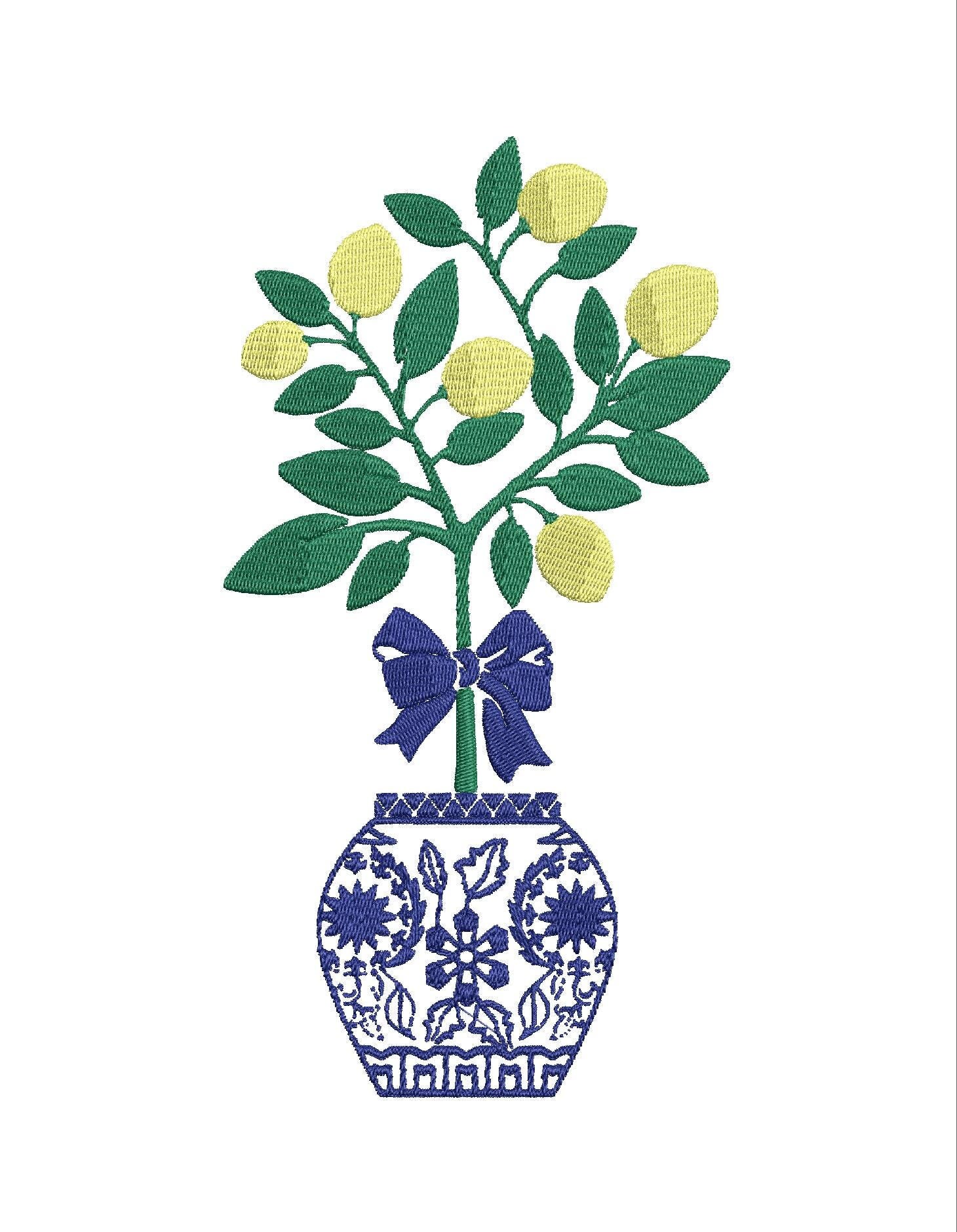 Chinoiserie Lemon Tree with Bow Embroidery Design, Chinoiserie Coquette Machine Embroidery Files, Instant Digital Download, 4x4, 5x7, 6x10