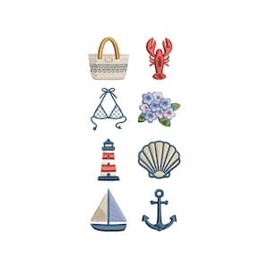 May include: A collection of embroidered nautical-themed designs. Includes a straw tote bag with a gold handle, a red lobster, a blue bikini top, a cluster of blue and purple flowers, a lighthouse, a seashell, a sailboat, and an anchor.